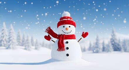 Obraz premium Happy Snowman in Winter Christmas Landscape with Snowy Background 