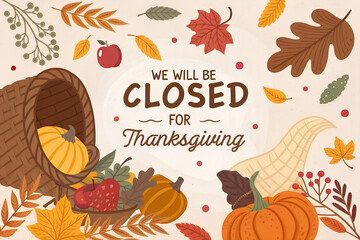 Thanksgiving Closed Sign with Pumpkins and Fall Wreath Illustration