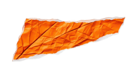 Bright orange crumpled paper strip with torn edges and white backing isolated on a transparent background