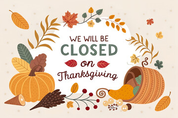 Thanksgiving Closed Sign with Pumpkins and Fall Wreath Illustration