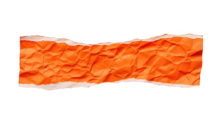 Bright orange crumpled paper strip with torn edges isolated on a transparent background texture