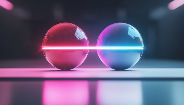 Two reflective glass spheres connected by a glowing neon line, set against a dark background with pink and blue lighting.