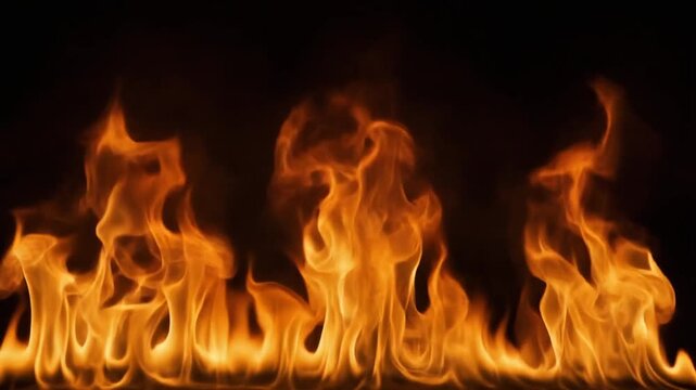 Vivid flames rise against a stark black background, showcasing the intense heat and dynamic movement of the fire.