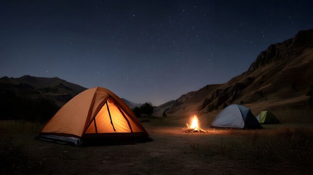 Nighttime camping scene with illuminated tents a glowing campfire and a starry sky over mountains - Powered by Adobe