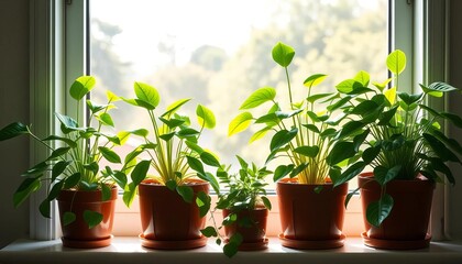 Lush green potted plants thriving in sunlight on a windowsill, sustainability, calm