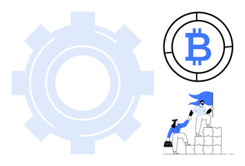 Gear symbolizing systems, Bitcoin representing blockchain or digital finance two individuals supporting each other, depicting collaboration. Ideal for teamwork, technology, cryptocurrency
