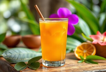 Fototapeta premium Glass of vibrant Jamu, traditional Balinese herbal drink, studio shot, immunity