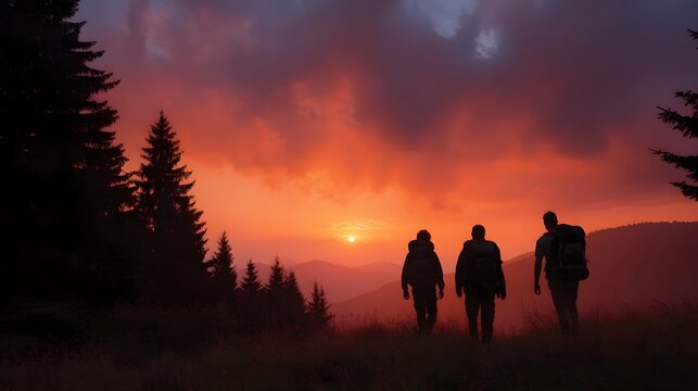 Silhouettes of three hikers with backpacks trek across a mountain ridge under a dramatic crimson and orange sunset