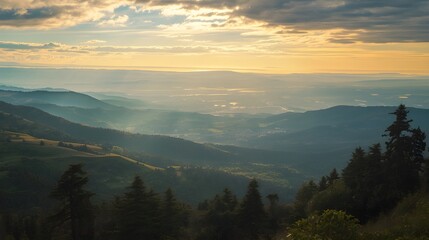 A cinematic photo of a serene and picturesque landscape featuring rolling hills, majestic mountains, lush green forests, and sparkling water bodies beneath a vast open sky