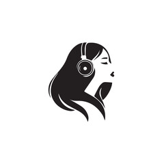 Obraz premium Black Vector Illustration of Woman Wearing Headphone in Clean Minimal Style on White Background