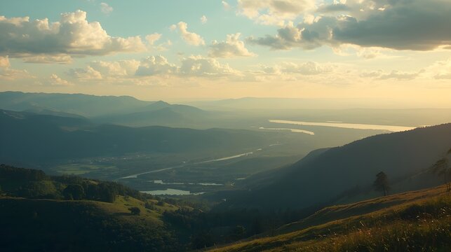 A cinematic photo of a serene and picturesque landscape featuring rolling hills, majestic mountains, lush green forests, and sparkling water bodies beneath a vast open sky