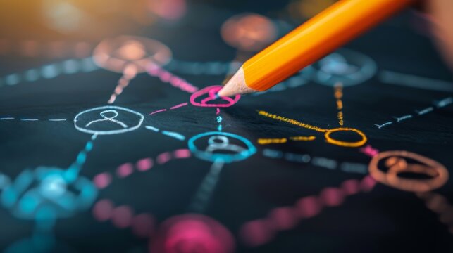 A close-up of an orange pencil drawing colorful, interconnected user icons on a blackboard, symbolizing networking and social connections.