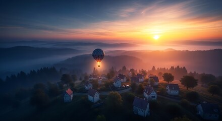 Enchanting sunrise over a serene village with hot air balloon ascending