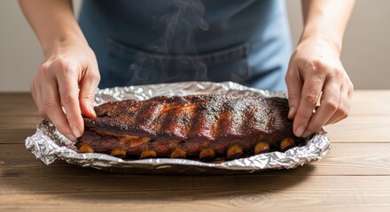 Freshly cooked bbq ribs held by female hands on wooden table