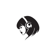 Black Vector Illustration of Woman Wearing Headphone in Clean Minimal Style on White Background