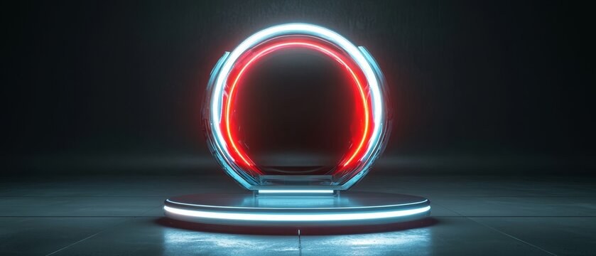 A glowing circular neon light with red and blue hues stands on a reflective platform in a dark, modern setting. - Powered by Adobe