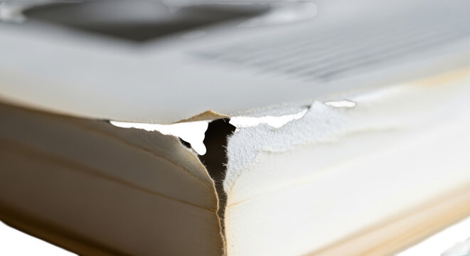 Close up of torn white paper pages in an open book isolated on a transparent background ripped