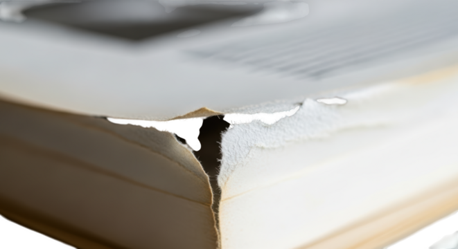 Close up of torn white paper pages in an open book isolated on a transparent background ripped
