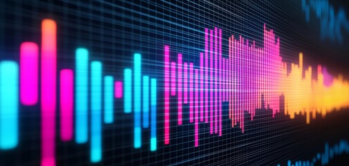 A colorful digital soundwave visualization with neon bars representing audio frequencies on a dark grid background.