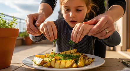 Young caucasian girl helps prepare grilled potatoes with herbs outdoors
