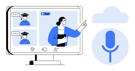 Online meeting with educator teaching students via video call, live recording, and digital tools. Ideal for education, webinar, e-learning, remote work, communication, technology simple flat