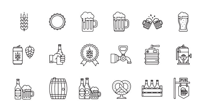 Set of beer icons line art vector illustration for brewery pub bar and Oktoberfest designs isolated 