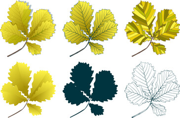 Set of hand-drawn gold green colored oak autumn leaves branch isolated on white background. Flat and line styles vector illustration.