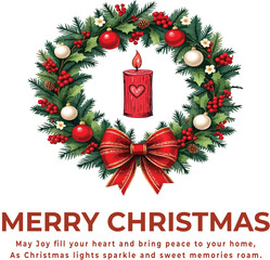 Christmas greeting vector with red candle in ornamented wreath of pine, holly, and bow for seasonal branding