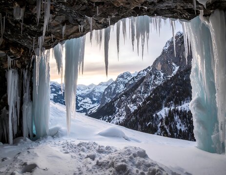 A cave entrance reveals a snow-covered landscape, with icicles hanging from the rocky ceiling. Majestic mountain peaks and valleys fill the view