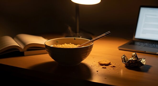 Late night study session with ramen and laptop glowing under warm light