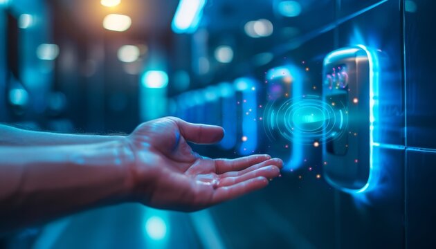 A hand interacts with a digital fingerprint scanner on a futuristic wall in a high-tech environment with blue lighting and glowing interfaces.