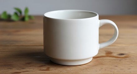 Minimalist White Ceramic Coffee Mug on Rustic Wooden Surface Backdrop