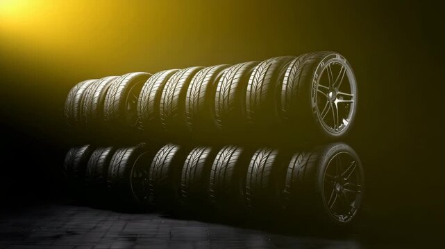Stack of black car tires under studio lighting