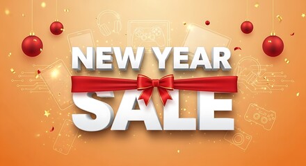 Celebrate amazing savings with this New Year Sale banner featuring festive ornaments and a vibrant orange background, perfect for holiday promotions and end-of-year deals