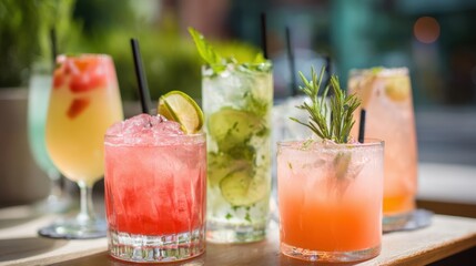 A selection of refreshing cocktails featuring vibrant colors sits on a wooden table at an outdoor bar. Fresh herbs and citrus garnishes decorate the drinks as sunlight creates a lively atmosphere.