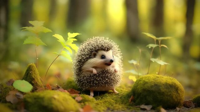 Cute baby hedgehog with flowers and sunlight