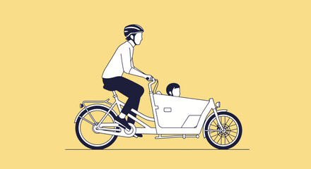 Fototapeta premium Illustration of a person riding a modern cargo bicycle with a child in the front box on a yellow background