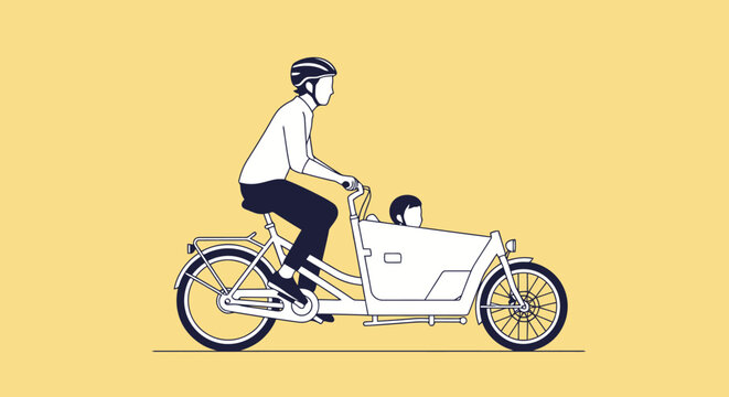 Illustration of a person riding a modern cargo bicycle with a child in the front box on a yellow background