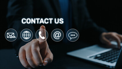 UI concept for contact us section showing icons for email, web, phone, and message. Contact and support icons help streamline business communication and improve customer contact experience. Elide