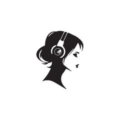Black Vector Illustration of Woman Wearing Headphone in Clean Minimal Style on White Background