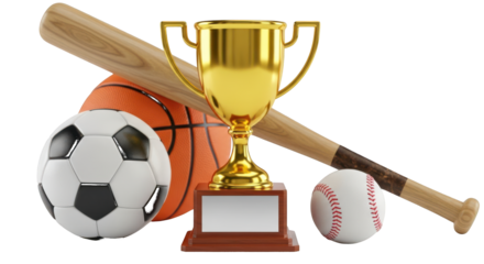 Golden Trophy With Sports Balls and Baseball Bat isolated on a transparent background award
