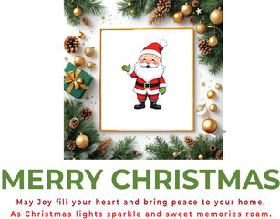 Christmas greeting vector with waving Santa in festive pine frame and ornaments for seasonal celebration branding