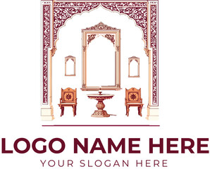 Traditional interior logo vector with arched mirror, carved chairs, and floral border for cultural or heritage branding