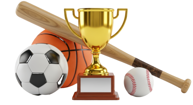 Golden Trophy With Sports Balls and Baseball Bat isolated on a transparent background award