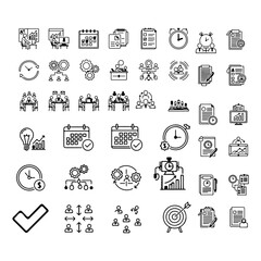 Work efficiency icon set. Flat vector design featuring productivity, planning, time management, workflow, teamwork, and business strategy.