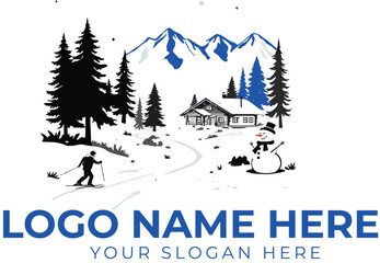 Winter mountain logo vector with skier, snowman, pine trees, and cabin for outdoor adventure or seasonal branding