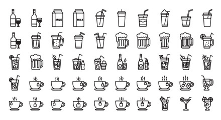 Fototapeta premium Set of drink icons outline vector illustration for menu design isolated on white background
