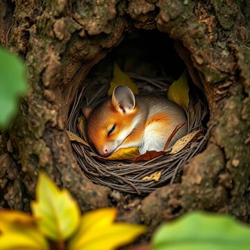 A shy dormouse sleeps curled up in a nest of leaves within a hollow tree, embodying peaceful slumber, dormouse,  wildlife