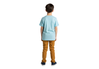 Young boy wearing a light blue t shirt and orange pants standing with his back to the camera isolated on transparent background