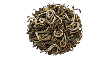A circular pile of high quality loose leaf green tea with silver tips isolated on a white background. PNG Transparent